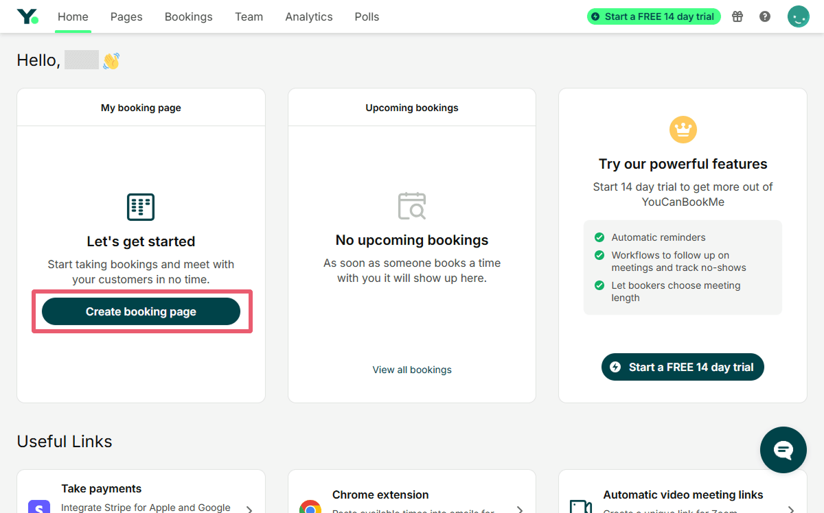 「Creating booking page」をクリックして必要事項を入力